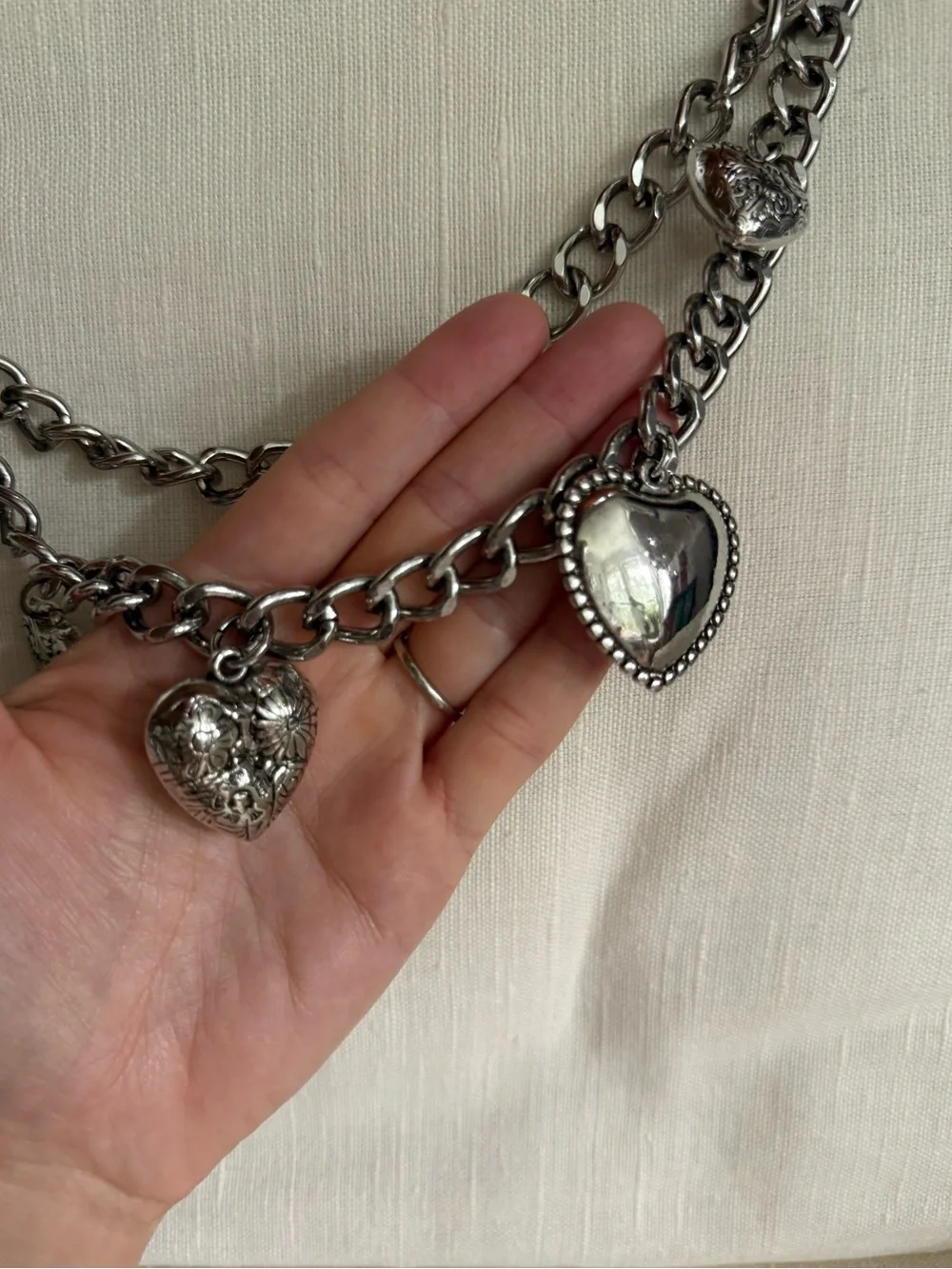 Haute Hippie double strand silver heart charm chain belt Y2K inspired